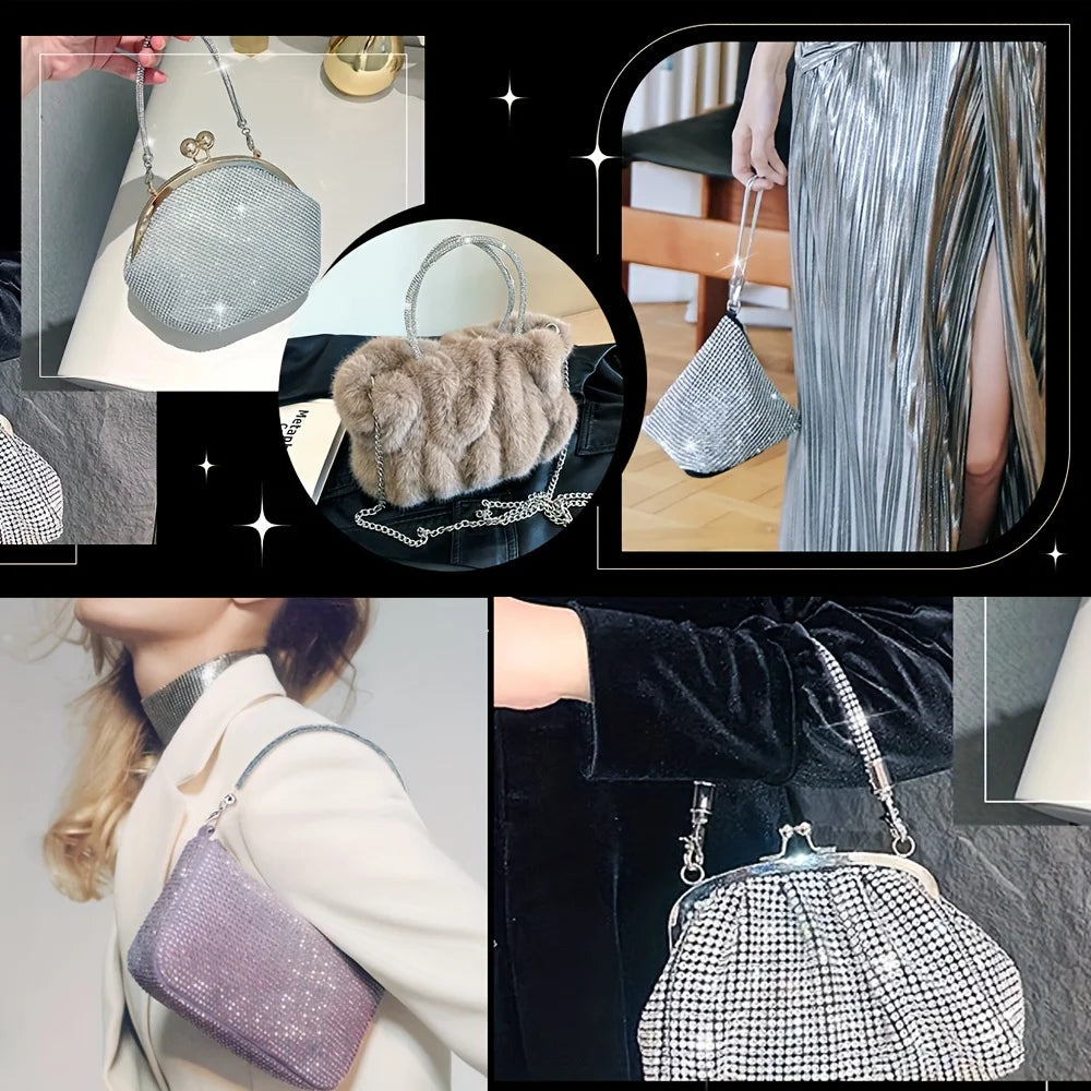 A collection of sparkling rhinestone purse straps and handbags shown in various contexts.