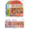 A colorful sticker book featuring a supermarket scene with various food items and people.