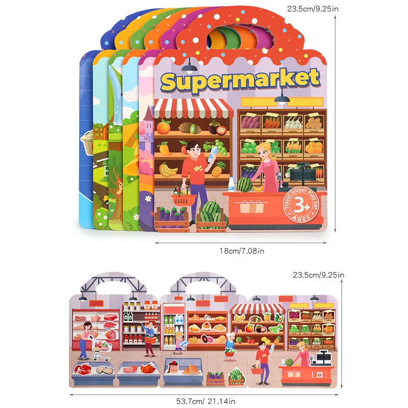 A colorful sticker book featuring a supermarket scene with various food items and people.