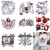 A collection of black and pink Halloween iron-on patches featuring spooky designs like bats, skulls, and ghosts.