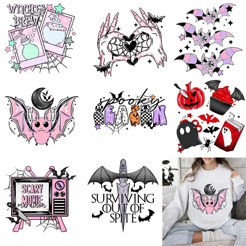 A collection of black and pink Halloween iron-on patches featuring spooky designs like bats, skulls, and ghosts.