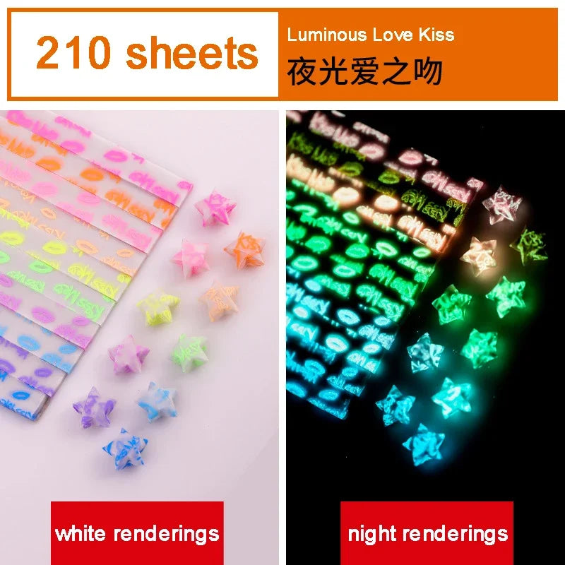 A collection of 210 sheets of luminous love kiss star strips in various colors shown with white and night renderings.
