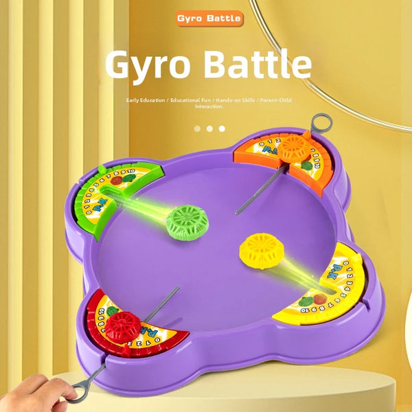 A purple gyro battle game featuring spinning orange and green parts on a tray for early education.