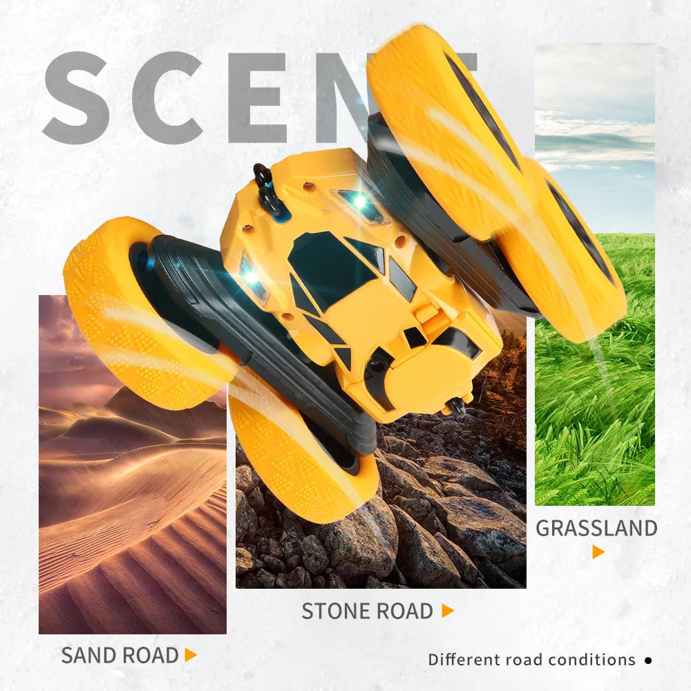 Yellow 360° flip stunt RC car with LED lights driving on a stone road.