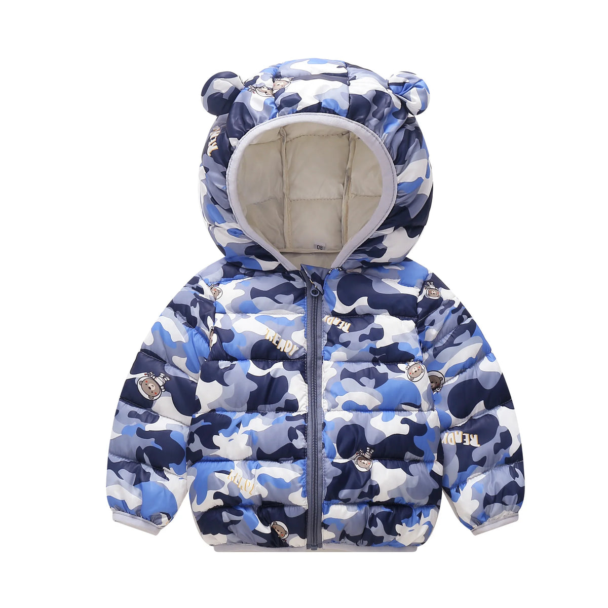 A blue and white camouflage cartoon hooded puffer jacket for kids.