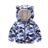 A blue and white camouflage cartoon hooded puffer jacket for kids.