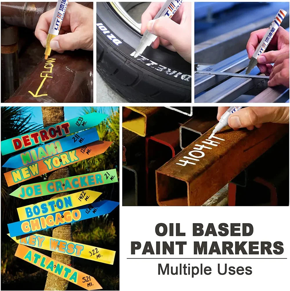 A collection of oil-based paint markers with various colors and tips being used to mark surfaces.