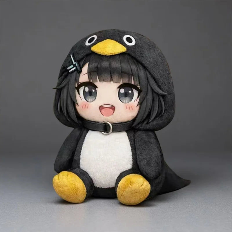 A cute plush toy resembling a penguin with black and white fur, yellow feet, and large eyes.