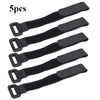 A set of five black nylon bike handlebar straps for securing flashlights and gear.