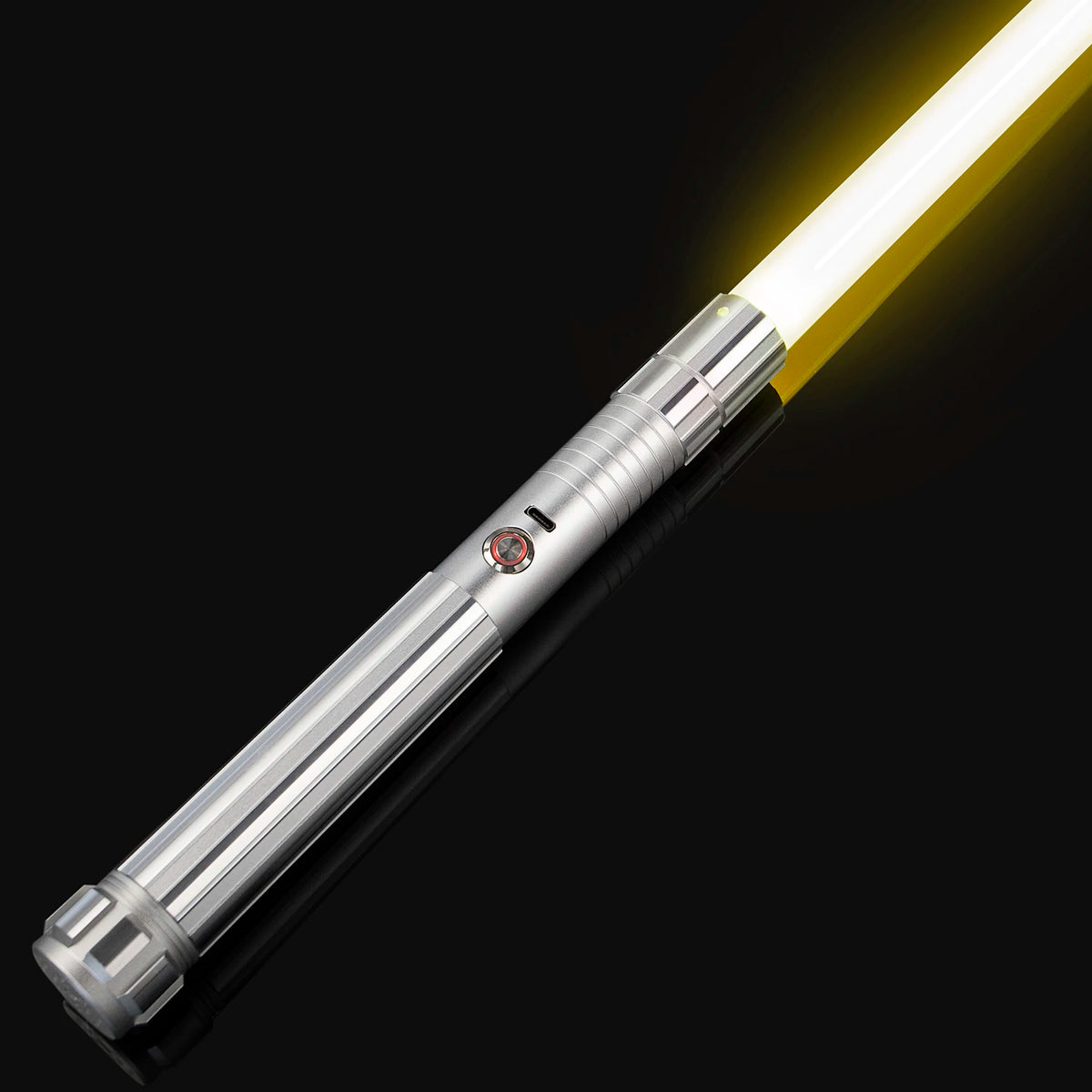A silver lightsaber with a glowing yellow blade is shown diagonally against a black background.