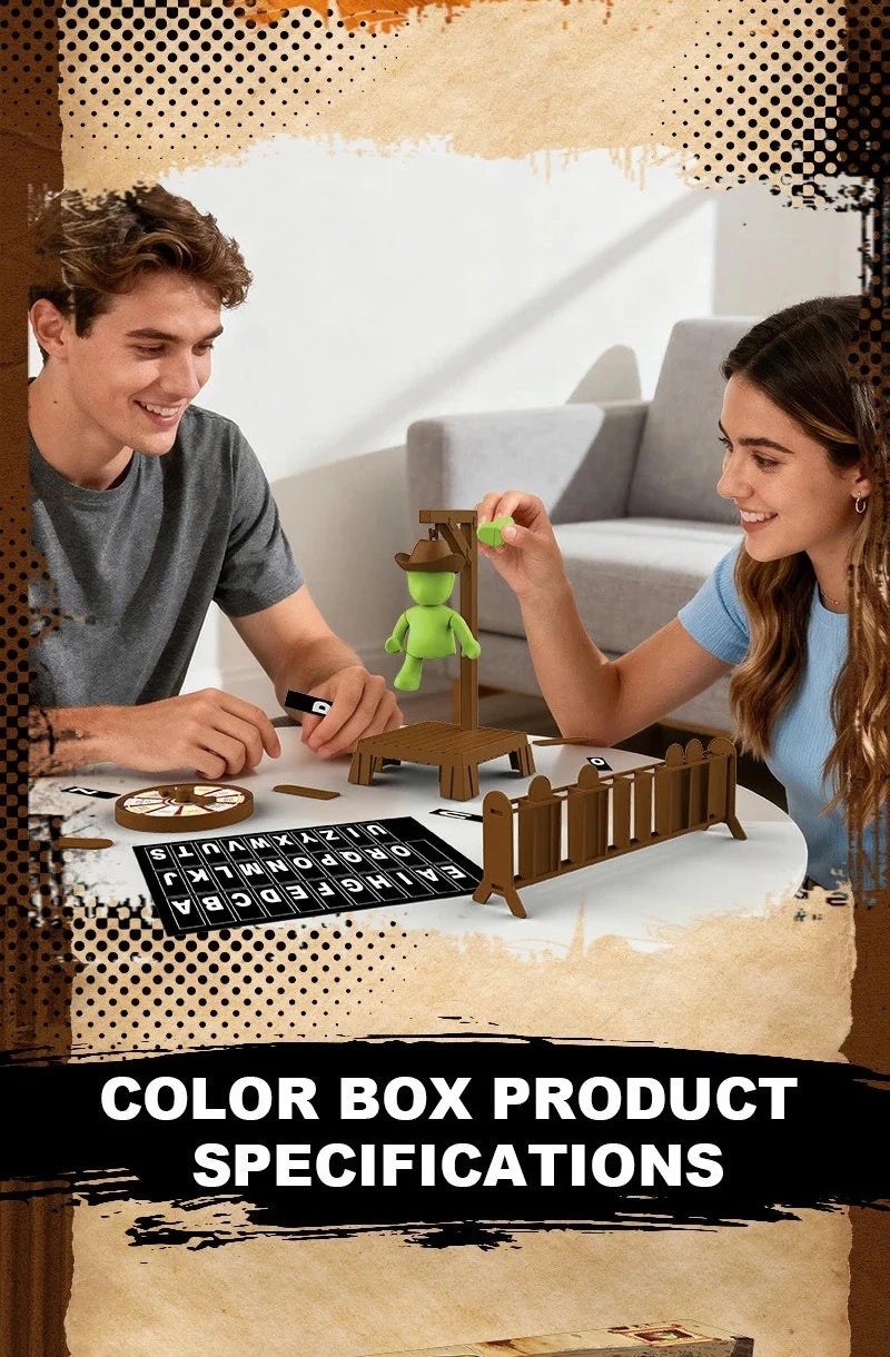 A young man and woman are playing a magnetic hangman board game with wooden pieces and a green peg figure.