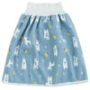 Light blue waterproof baby diaper pants with a skirt featuring white animal patterns and a ribbed waistband