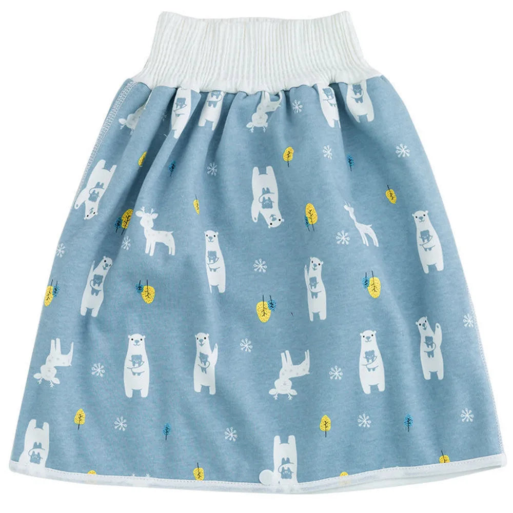 Light blue waterproof baby diaper pants with a skirt featuring white animal patterns and a ribbed waistband