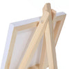 A wooden easel frame with a canvas board and supporting wooden braces for art projects.