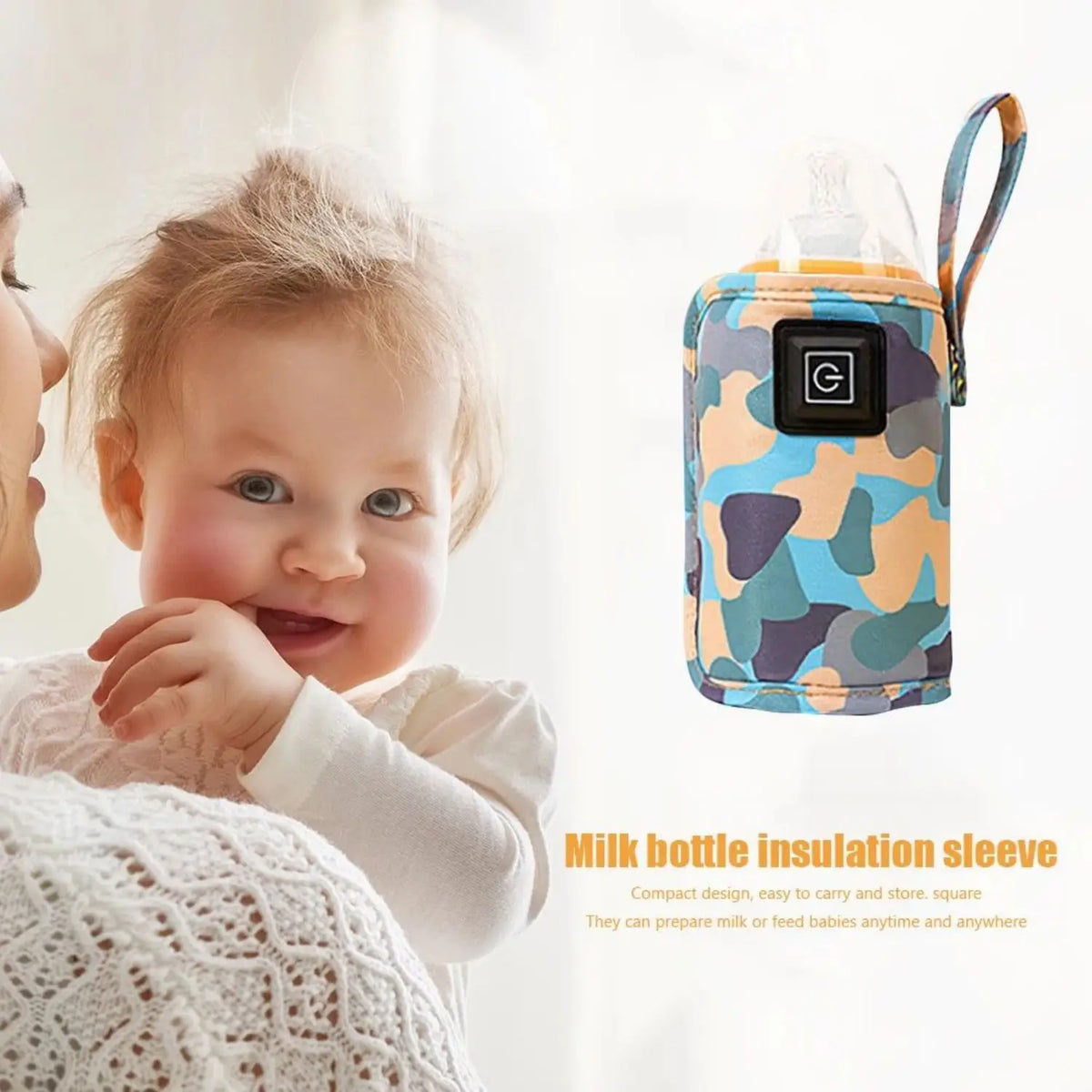 A baby is shown holding a milk bottle insulation sleeve designed for portable feeding.