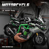A detailed 1:8 scale model of a Kawasaki motorcycle with green and black accents is held by a person.