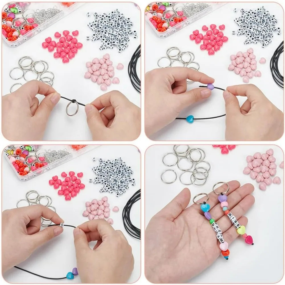 A DIY beaded keychain making kit showing various beads, findings, and finished keychains.