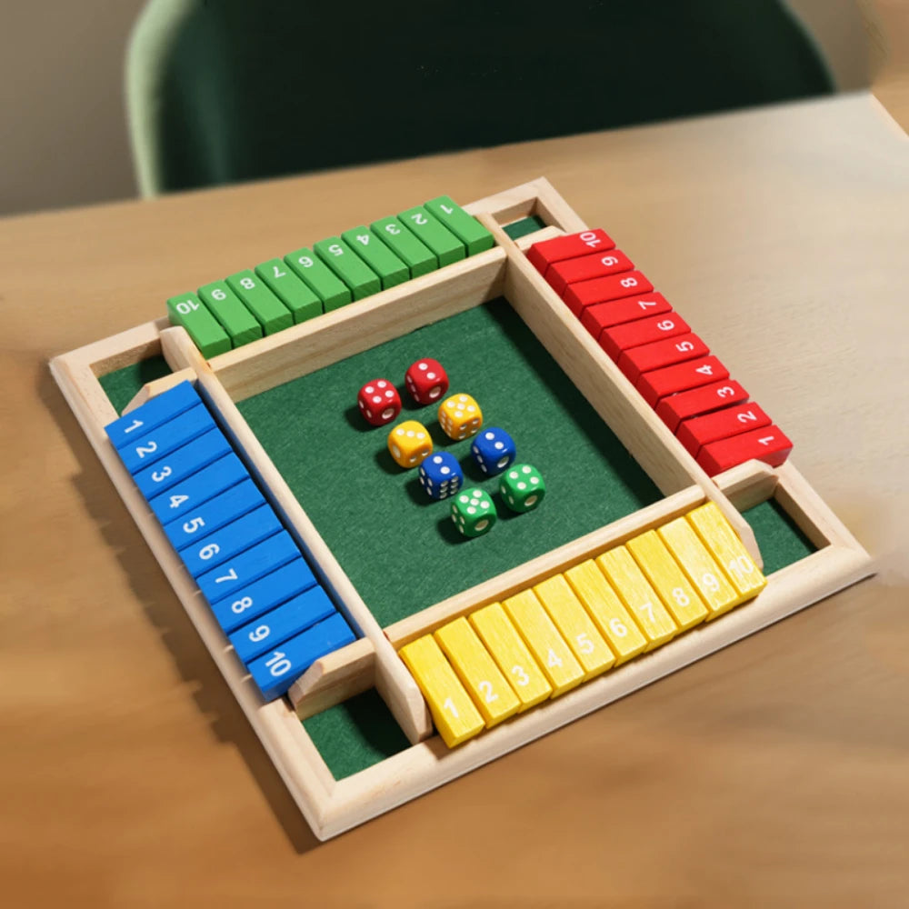 A wooden dice game board with colored dice and numbered slots for 2 to 4 players.