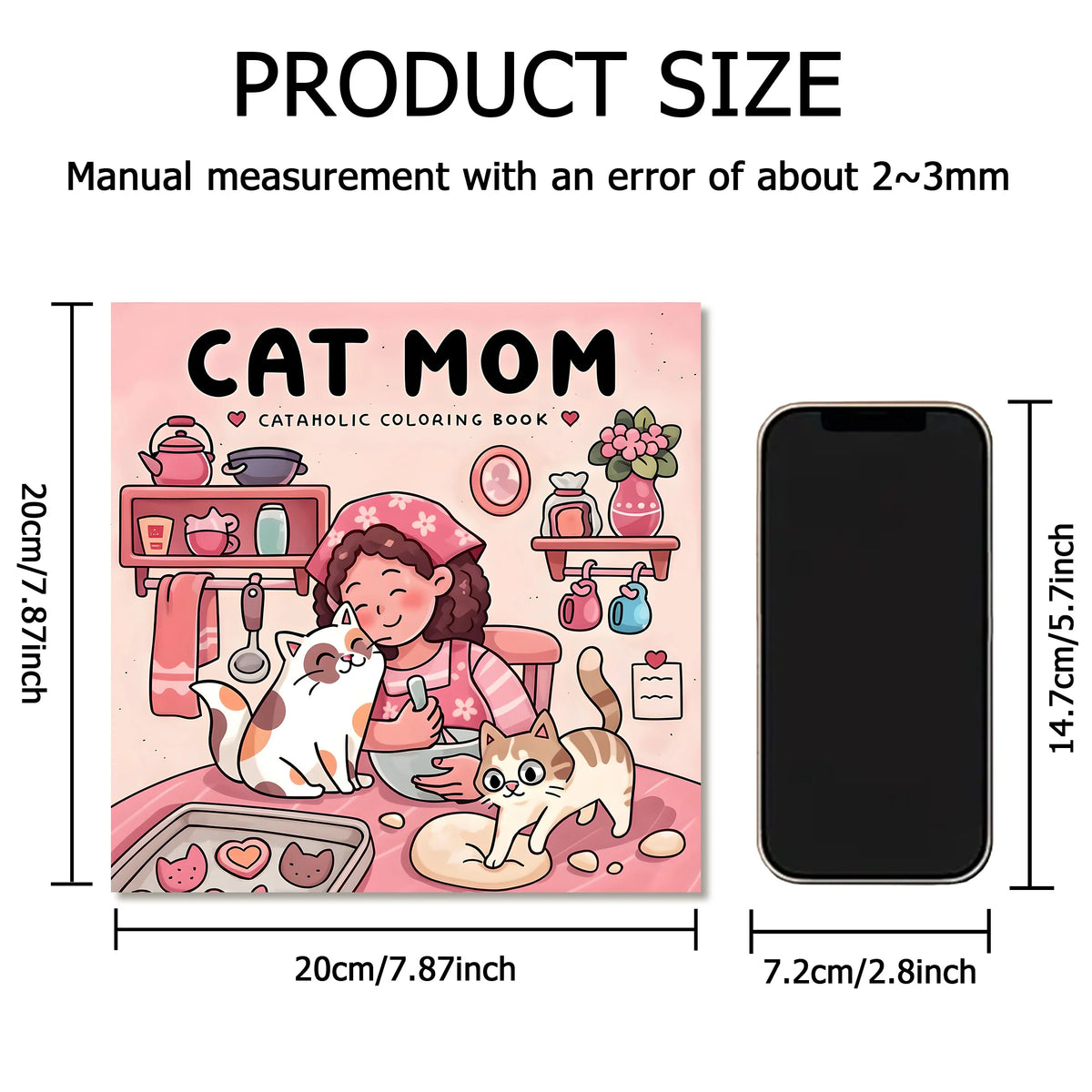A box art illustration of a cat mom coloring book featuring a woman with a cat and various cute scenes.