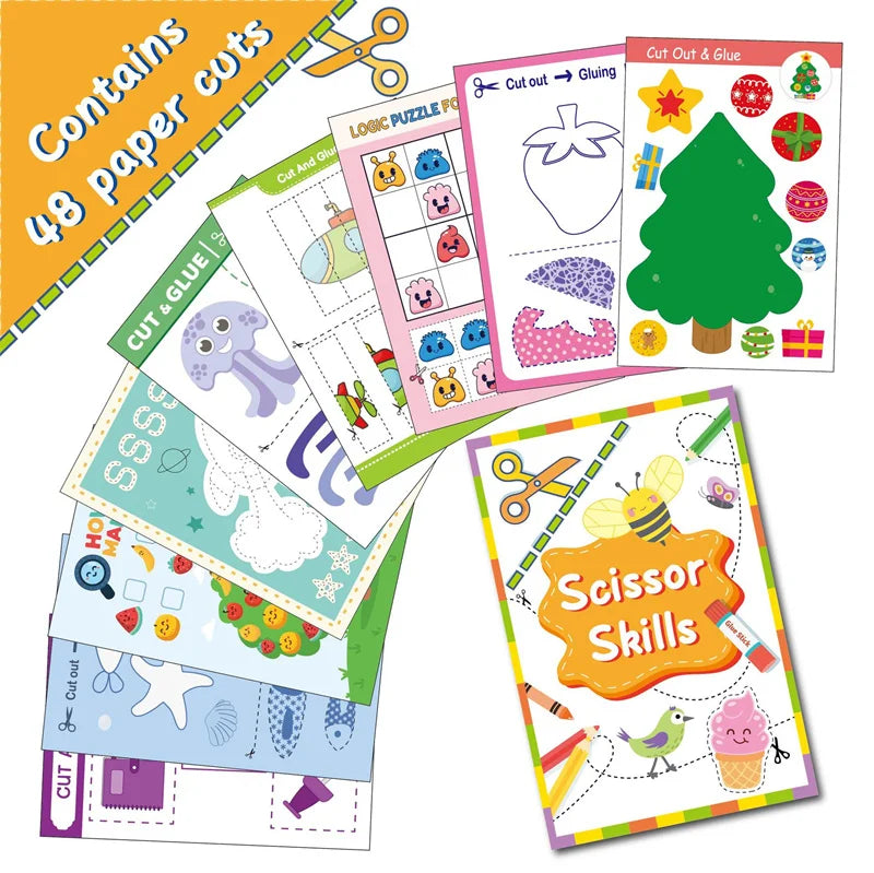 Buntes Bastelbuch für Kinder mit verschiedenen Schneid- und Klebeaktivitäten und Scherefähigkeiten.