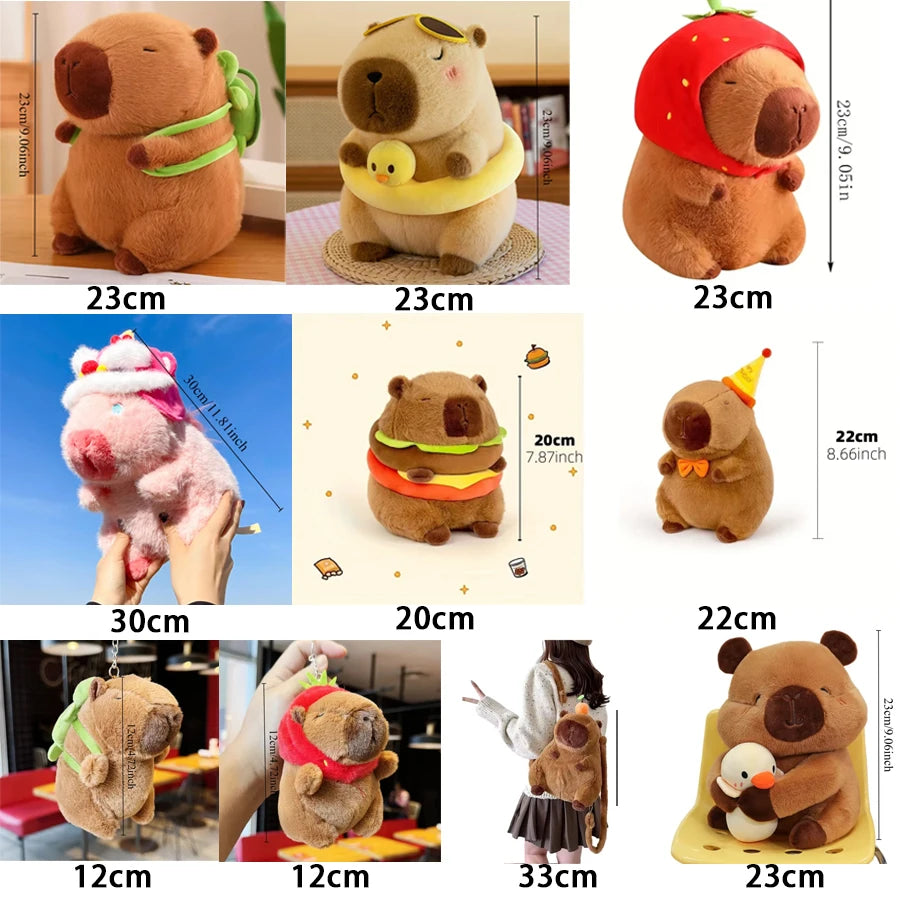 A set of capybara plush toys featuring a mother and four babies in various sizes.