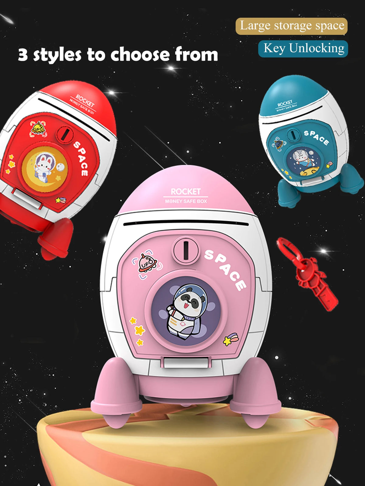 Three styles of Rocket Spacecraft piggy banks for money saving with key unlocking features