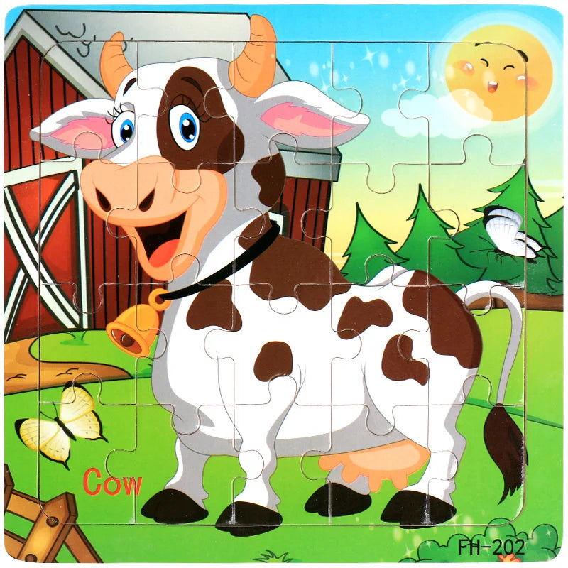 A jigsaw puzzle featuring a cartoon cow in a field with trees and a barn.