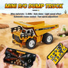 A yellow mini RC dump truck toy is shown next to a smartphone displaying a control interface.