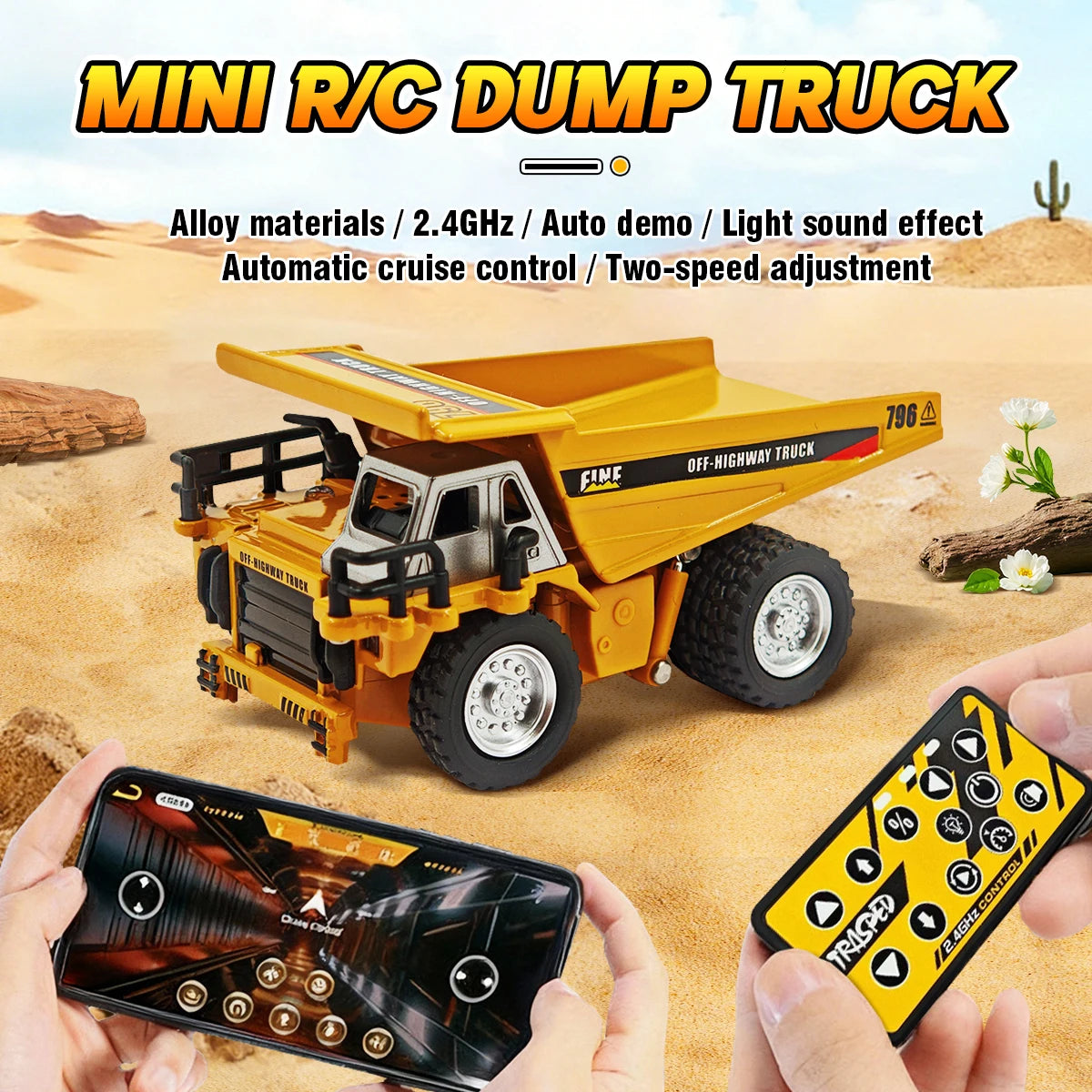 A yellow mini RC dump truck toy is shown next to a smartphone displaying a control interface.