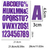 A purple alphabet and number chart showing letters A-Z and numbers 0-9 for DIY iron-on heat transfer patches