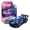 A blue pull-back racing car model with pink accents and a black spoiler, shown next to its packaging.