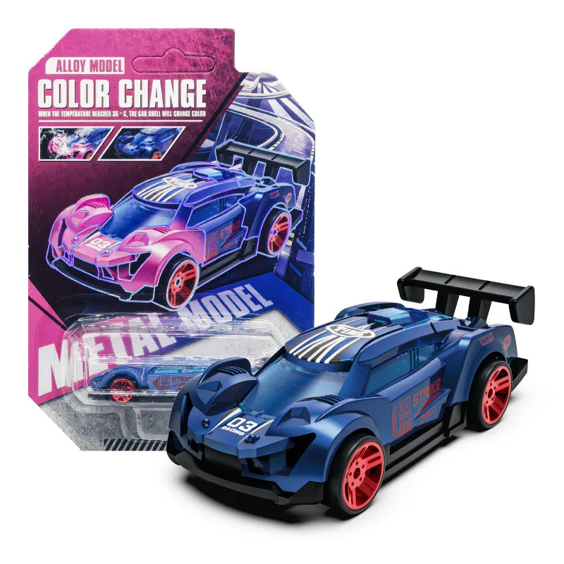 A blue pull-back racing car model with pink accents and a black spoiler, shown next to its packaging.