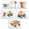 A set of kids sand and water play items including a shovel, a bucket, and a pull-along bulldozer trolley.