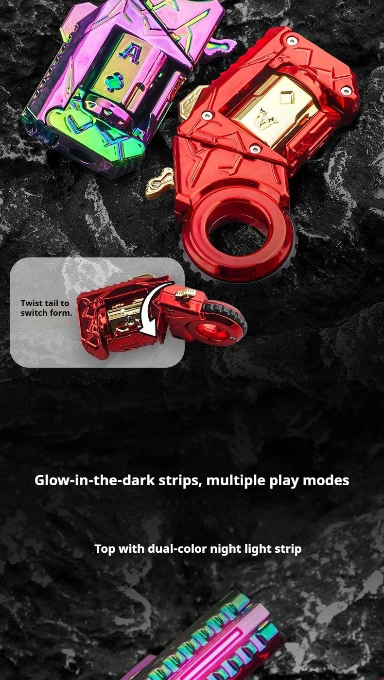 Red metal gun-shaped fidget slider with glow-in-the-dark strips and a dual-color night light.