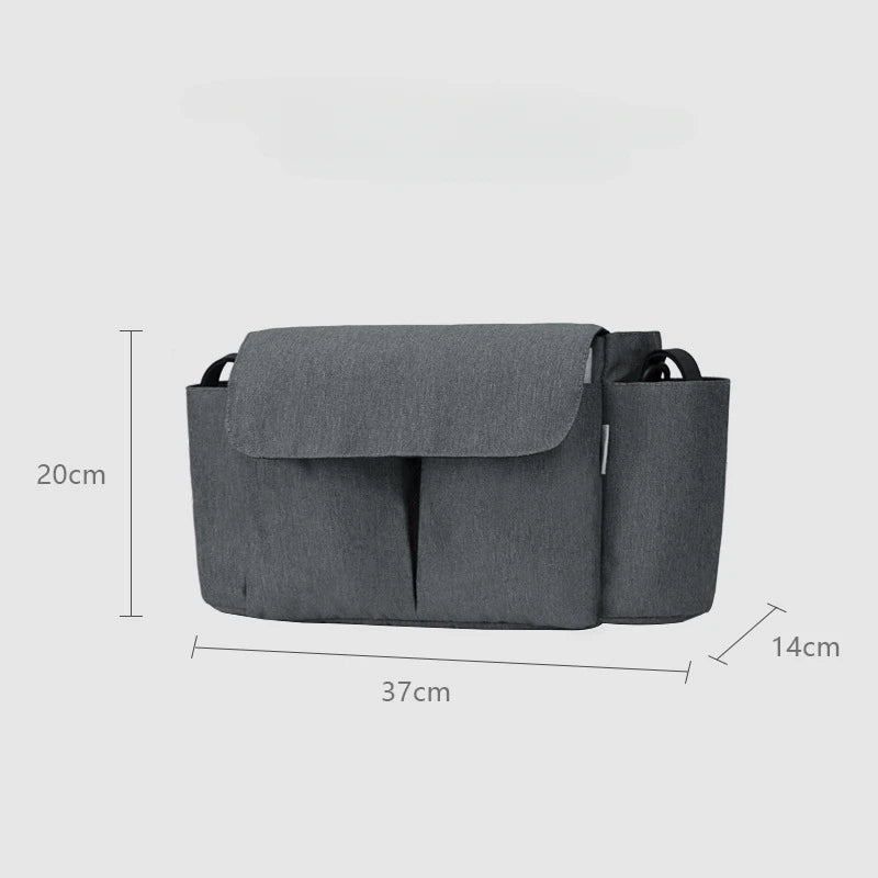 A gray large capacity stroller organizer bag shown from the top view with dimensions 20cm high and 37cm wide.