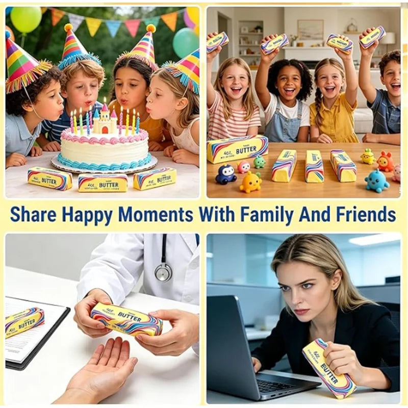 A colorful sensory fidget pack of slow rising squishy butter toys for stress relief shown in various contexts.