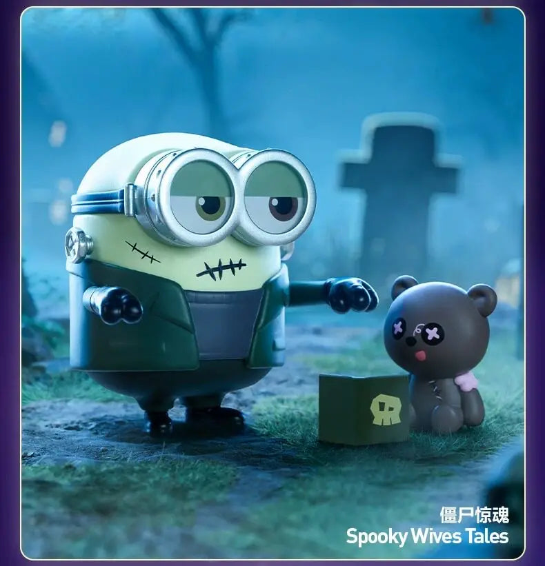 A green Minion collectible figure with large goggles sits next to a small brown bear figure in an outdoor setting.