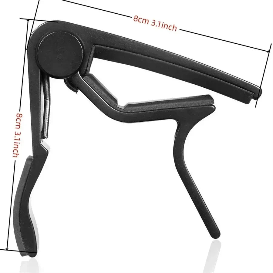 A black 7-piece guitar capo set including picks and a holder shown from the side.