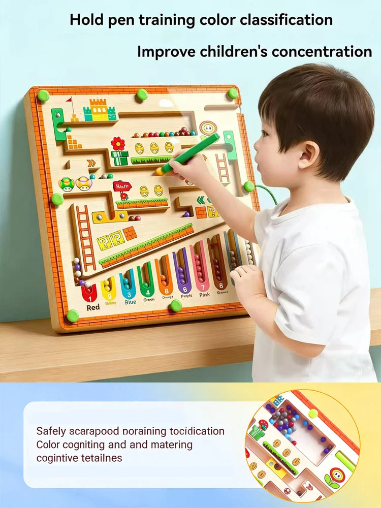 A young boy is using a wooden magnetic maze puzzle board to train color classification and improve concentration.