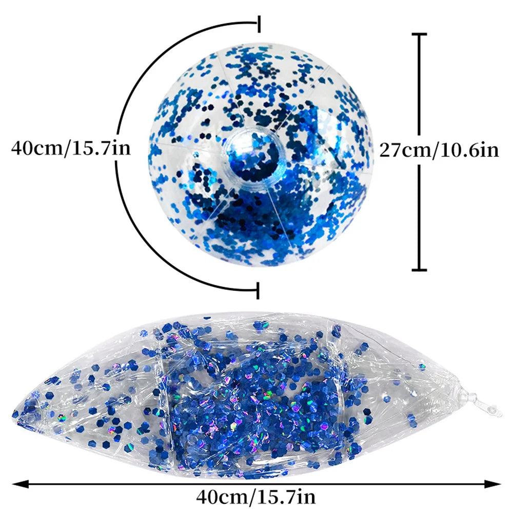 A clear inflatable beach ball filled with blue sequins, shown in both spherical and flattened forms.