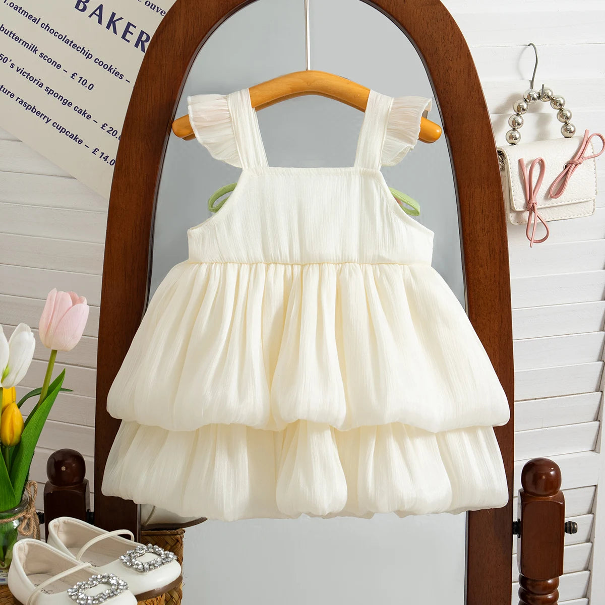 A white sleeveless pleated princess dress for a baby girl displayed on a wooden hanger.