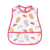 White baby bib with a cartoon pattern featuring strawberries and other fruit shapes