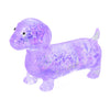 A small, purple squishy toy shaped like a dachshund.