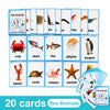 A set of 20 sea animals flashcards featuring various marine creatures like crabs sharks fish and penguins.