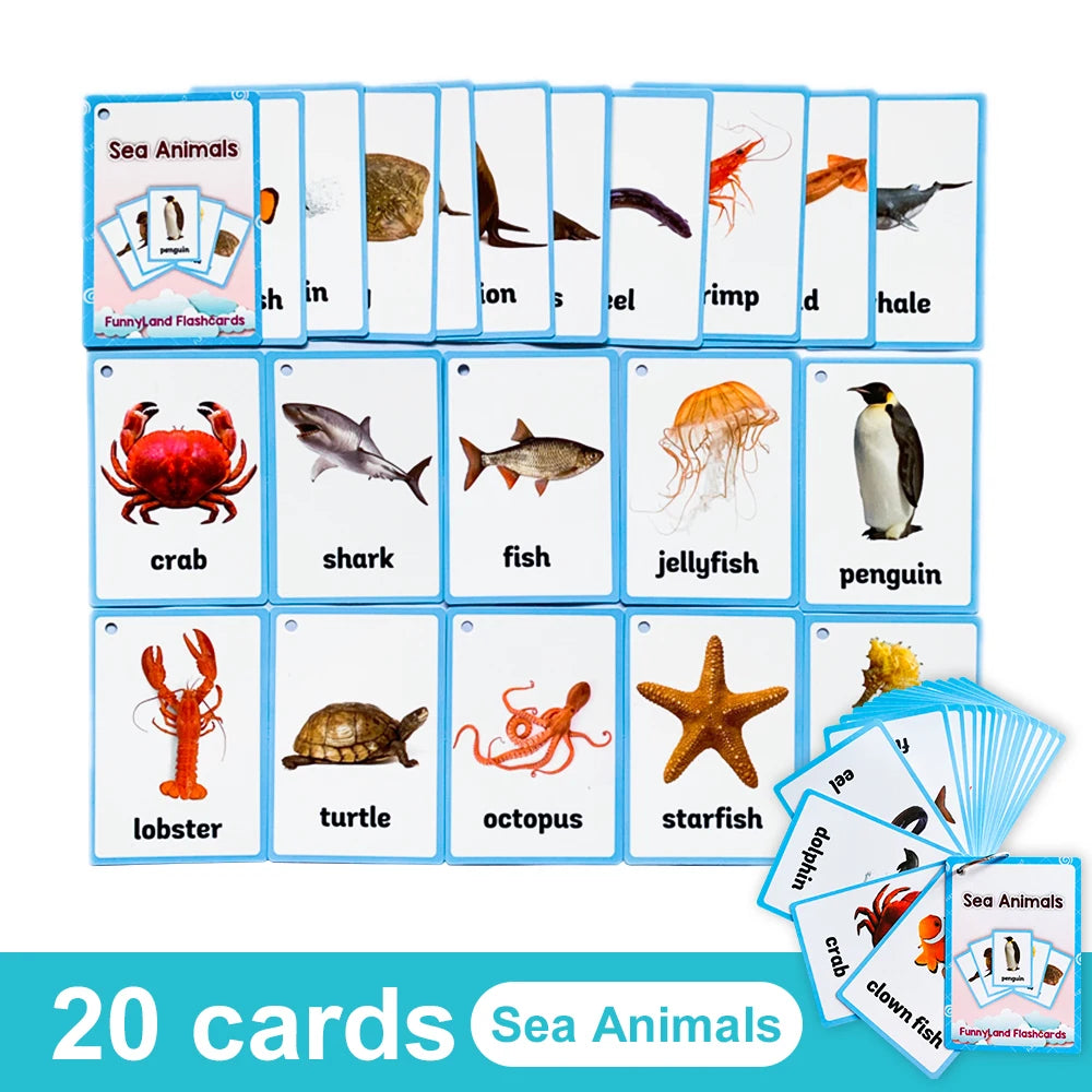 A set of 20 sea animals flashcards featuring various marine creatures like crabs sharks fish and penguins.