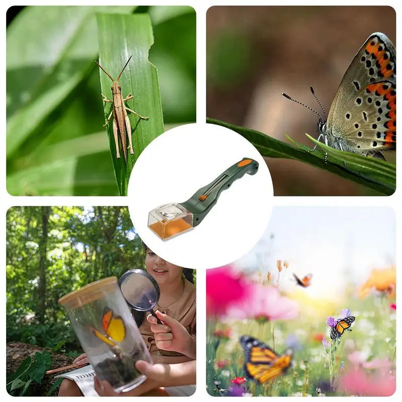 A handheld insect catcher with a magnifying lens is shown next to a butterfly in a garden setting.