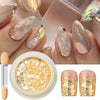 A set of iridescent opal and mermaid chrome nail glitter pigment powders shown alongside finished nails.