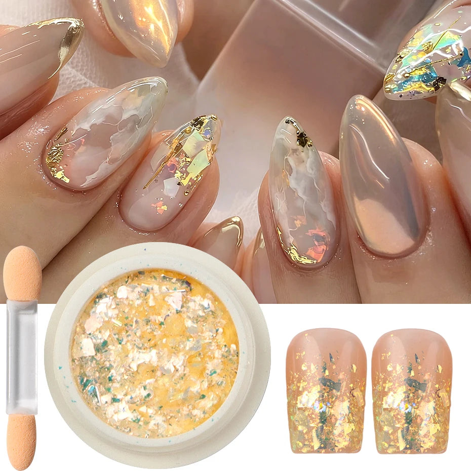 A set of iridescent opal and mermaid chrome nail glitter pigment powders shown alongside finished nails.