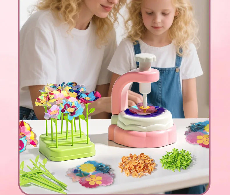 A child is shown crafting a fabric flower bouquet using a DIY kit on a white table.