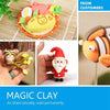 A set of colorful modeling clay creations including a face, a character, and a Christmas Santa figure.
